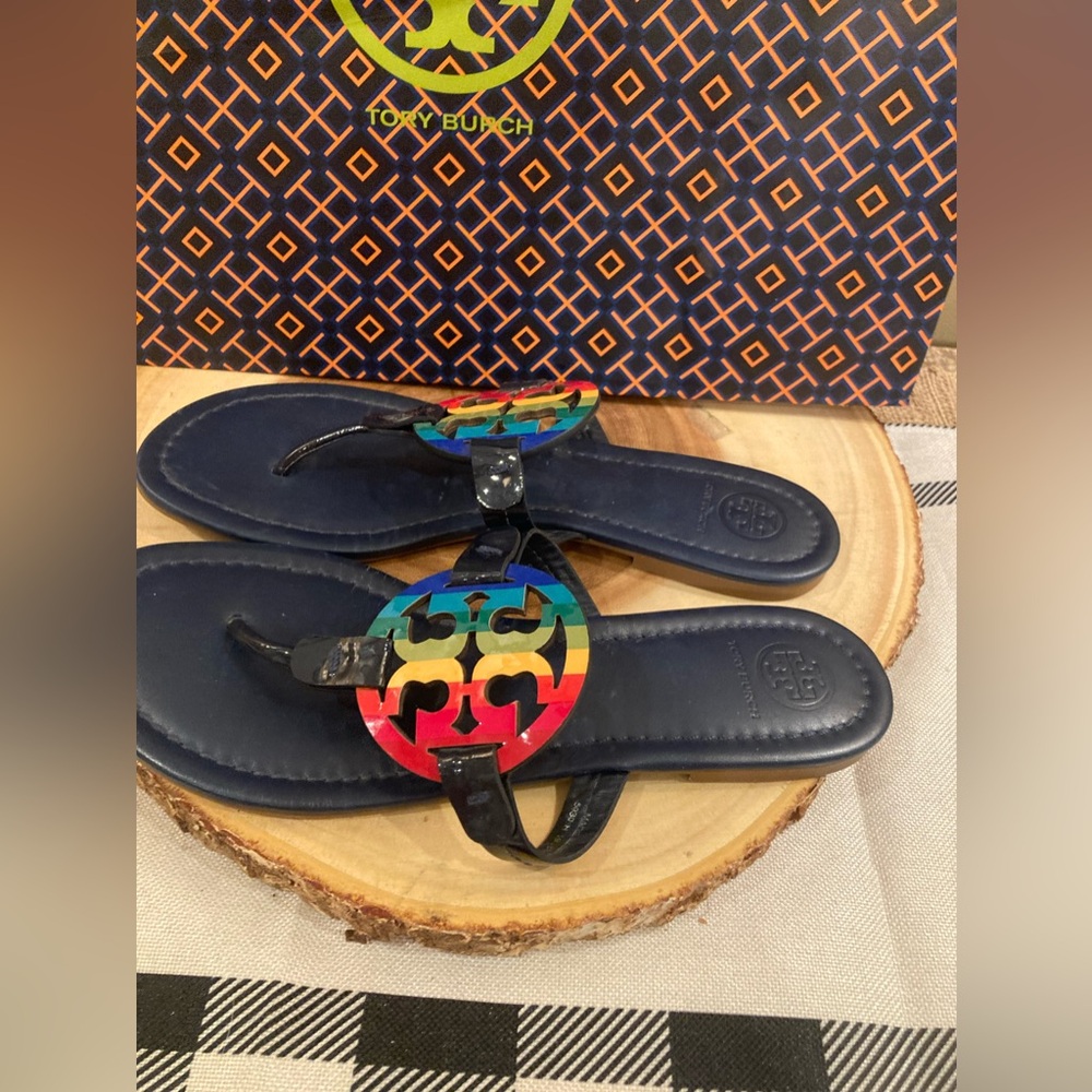 Tory Burch Miller Bright Rainbow Royal Navy Thong Sandals 8.5 Rt-298$ - Picture 6 of 8
